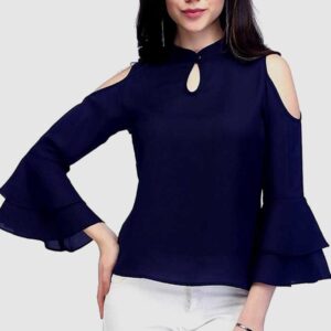 Casual Cold Shoulder 3/4th 2 Layered Bell Sleeves Solid Girls Top