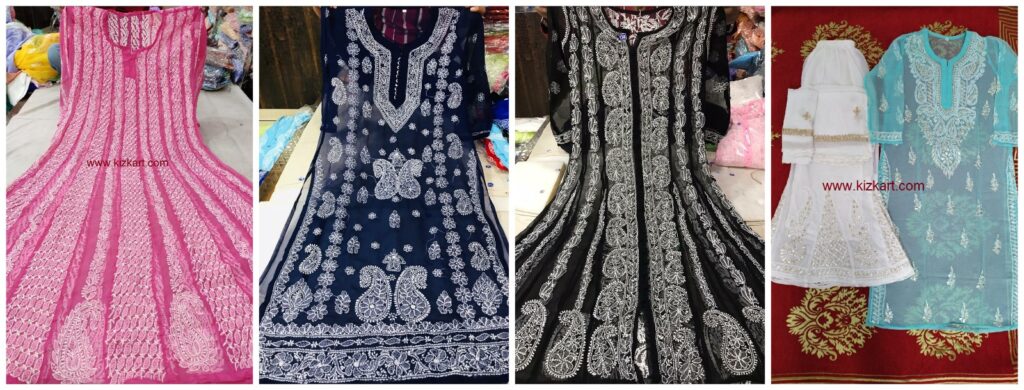 Chikankari kurti pink blue black & sky blue with white flapper & white dupatta, www.kizkart.com marked on kurti.