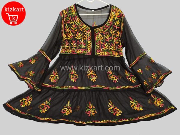 Black Chikankari Short Kurti Gown Hand Work With Multi Colour Thread