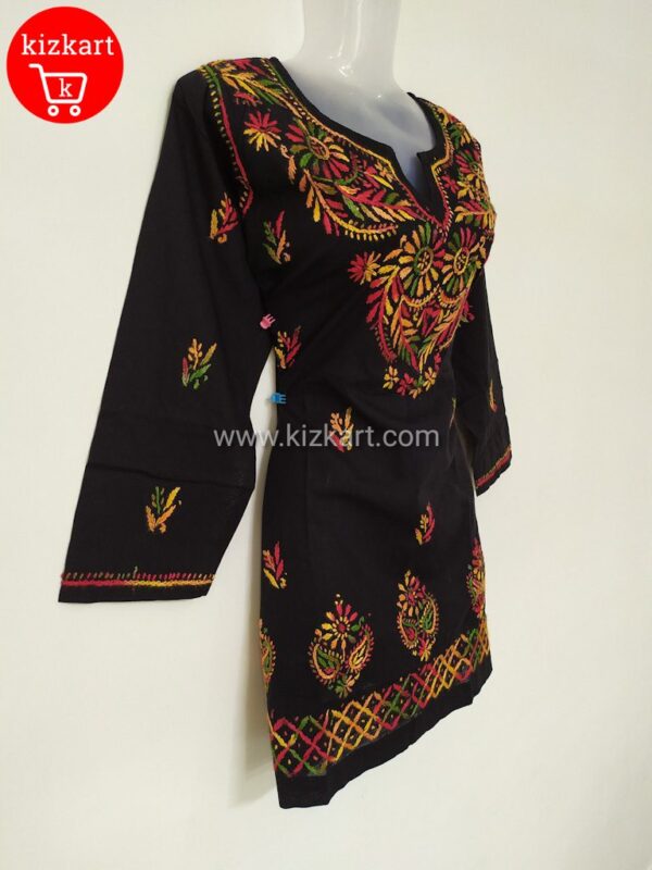 Black Short Chikankari Kurti Hand Embroidered With Multi Colour Thread